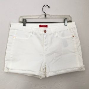 Guess High Rise White Denim Shorts w/ Raw Hem
